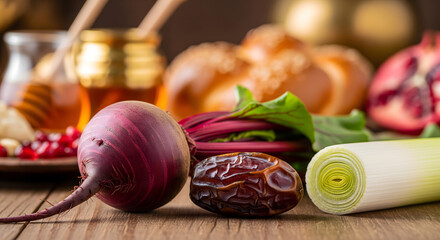 A vibrant arrangement of symbolic foods, including beetroot, a date, and leek, with honey and challah visible in the warm, festive background. Generative AI.