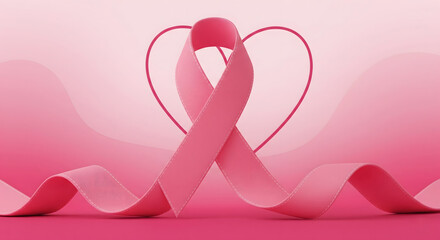 A 3D pink awareness ribbon centered against a gradient pink background, framed by a delicate heart outline, symbolizing support. Generative AI.