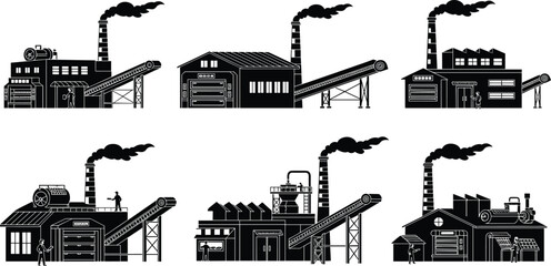Obraz premium Industrial factory silhouette illustration set, black and white vector, factories with smokestacks conveyors workers vehicles, urban industry facility design, cad drawing flat vector illustration