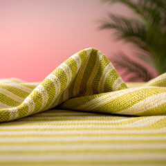 A close-up of folded lime green and white striped fabric rests against a pink background with a blurred green palm frond visible. Generative AI.