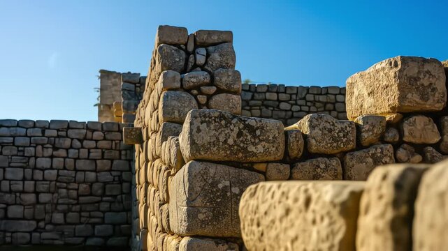 Close-up of the incredible, mortarless stonework of an ancient Incan wall under a bright sun