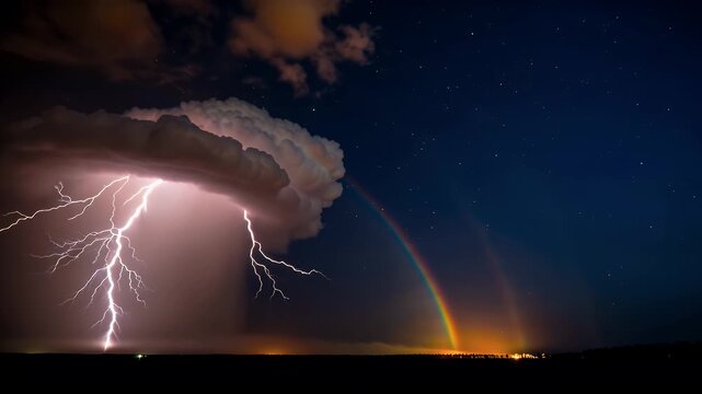 Intense Night Sky Storm with Dramatic Lightning Strike and a Glowing Double Rainbow Arc Over a Field