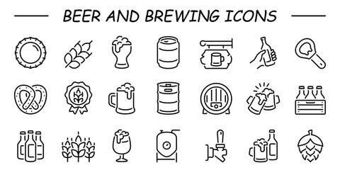 Simple Set of Beer Related Vector Line Icons. Contains such Icons as Barrel, Six-pack, Keg, Signboard, Mug, and more. 