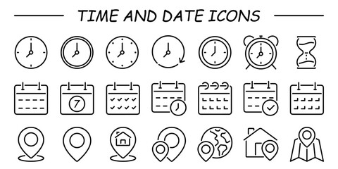 Time, date and address concept outline icons set isolated on white background flat vector illustration. 