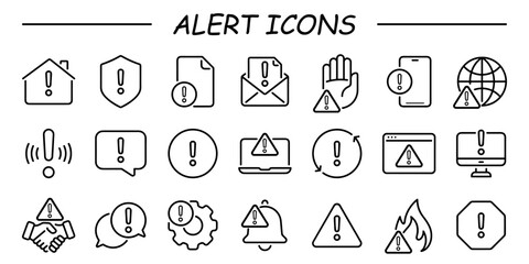 Alert, risk sign line icon set. Caution, warning, exclamation mark thin editable line stroke icon. Alert information, accident notification vector illustration.