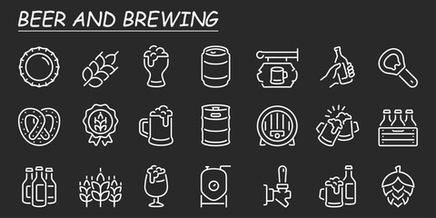 Simple Set of Beer Related Vector Line Icons. Contains such Icons as Barrel, Six-pack, Keg, Signboard, Mug, and more. 