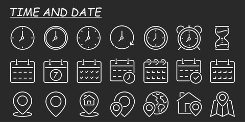Time, date and address concept outline icons set isolated on white background flat vector illustration. 