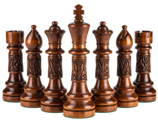 view of exquisitely carved wooden chess pieces, arranged in a row against a stark black backdrop, with detailed carvings and a focus on craftsmanship, showcasing the king, queen, bishop, rook, and...