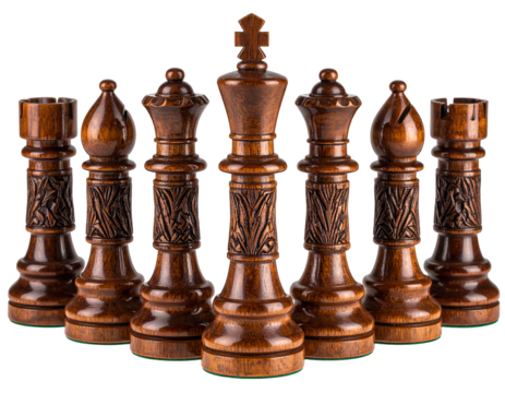 view of exquisitely carved wooden chess pieces, arranged in a row against a stark black backdrop, with detailed carvings and a focus on craftsmanship, showcasing the king, queen, bishop, rook, and...
