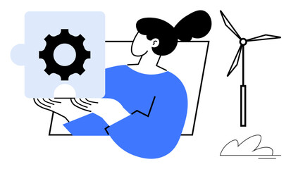 Woman holding a puzzle piece with a gear inside, symbolizing innovation and problem-solving, next to a wind turbine representing renewable energy. Ideal for sustainability, teamwork, green energy