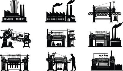 Hosiery factory silhouettes, textile machinery vector, knitting machine illustration, conveyor belt process icons, fabric production design, black CAD drawing flat industry