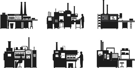 Industrial machine silhouettes, workers operating equipment, factory automation vector