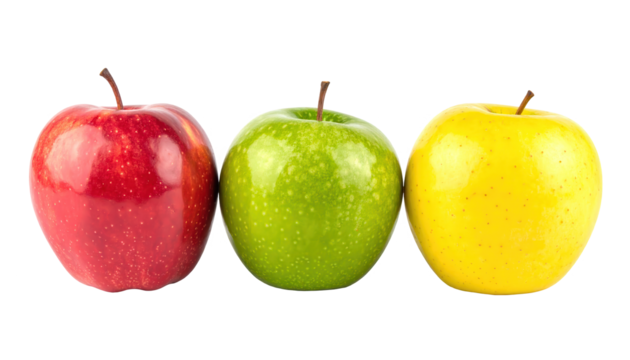 Three fresh apples in varying colors ? red, green, and yellow ? are presented against a stark black background, creating high contrast and highlighting the vibrant hues of the fruits and their...