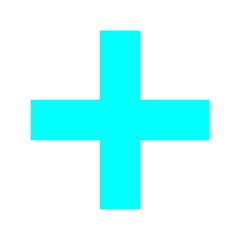 Plus icon on isolated background. Cyan blue cross, plus symbol.