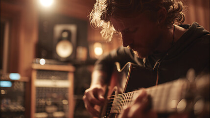 A professional studio recording session focused on the guitarist's intense concentration.
