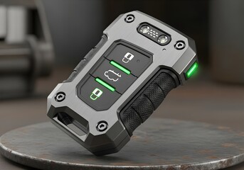 Fototapeta premium Advanced futuristic car smart key with a rugged tactical design, featuring illuminated green buttons for vehicle access and security on an industrial background