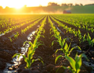 Young corn seedlings in neat rows at sunrise
