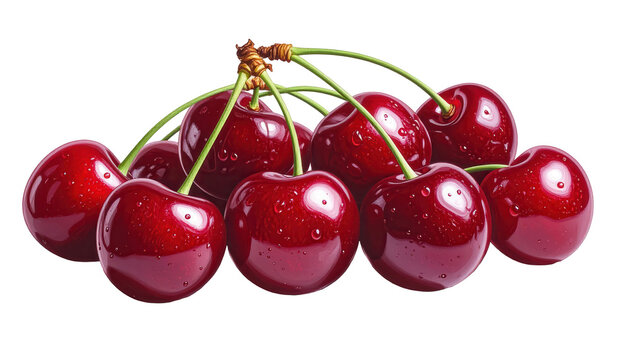 Lush, ripe cherries with vibrant red hues and visible water droplets adorn a stark black background, showcasing freshness and natural beauty, presenting a cluster. - Powered by Adobe