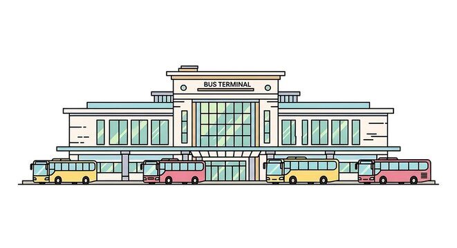 Modern Bus Terminal Building with Colorful Buses Lined Up