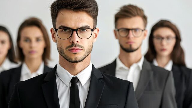 Focused Team of Professionals: A portrait of a determined team, exuding confidence and unity. The focal point is a man with a stern gaze, flanked by colleagues, ready to conquer challenges