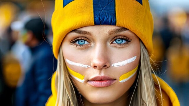 Vibrant Fan: A captivating young fan sporting a national hat and face paint gazes directly at the viewer, embodying enthusiasm and dedication to a sport or team.