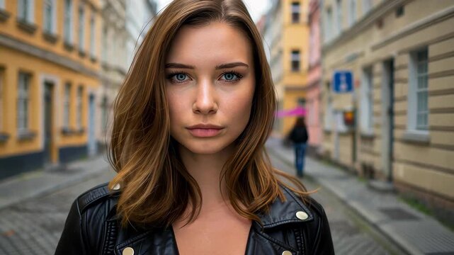 Aesthetic urban portrait: A captivating gaze in a dynamic urban setting. Portrait photography of an elegant person exudes natural beauty and refined style. 
