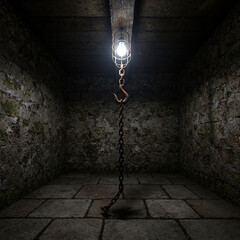 Chain hangs from a lamp in a dark basement with moss-covered stone walls