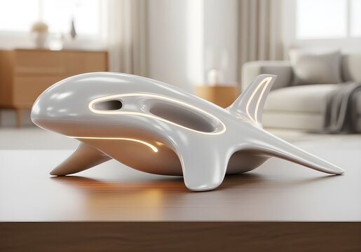 Sleek futuristic orca sculpture with integrated lighting as a centerpiece on a table in a modern home interior - Powered by Adobe