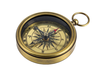 Intricate compass, featuring a detailed, aged brass casing with a glass cover, and a red-tipped needle, displays cardinal directions on a textured, gold-colored face against a dark, black background.