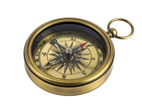 Intricate compass, featuring a detailed, aged brass casing with a glass cover, and a red-tipped needle, displays cardinal directions on a textured, gold-colored face against a dark, black background.
