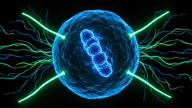 Dynamic Animation of a Glowing Blue Energy Cell Dividing with Electric Discharges.