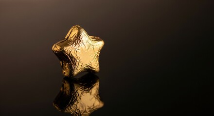 Fototapeta premium Elegant gold-wrapped star-shaped chocolate standing on a reflective surface against dark background.