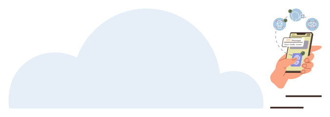 Hand holding smartphone accessing cloud services, sharing files with icons of connection, transfer, notifications. Ideal for cloud computing, data sharing, mobile apps, technology, communication