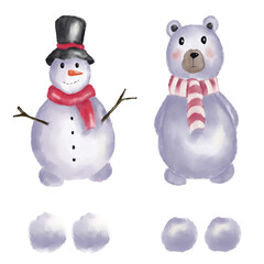 Cute Snowman and Polar Bear Winter Illustration