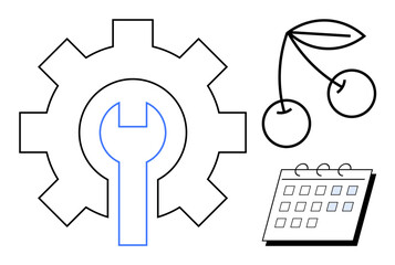 Large gear and wrench representing tools or innovation, cherries as symbols of reward or goal, calendar depicting scheduling. Ideal for productivity, planning, organization, teamwork, goals, rewards