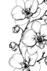 Elegant black and white orchid botanical line art illustration. Perfect for coloring books, floral posters, wedding invitations, botanical wall art, fabric prints, greeting cards, decorative design
