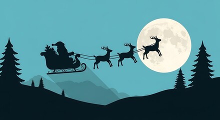Silhouette of Santa Claus in his sleigh with reindeer flying across the night sky with a large full moon.