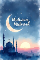 AI Generative. Muharram Mubarak Watercolor Night Sky Islamic New Year Night Greeting. 29