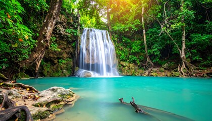 Lush waterfall cascading into a vibrant turquoise pool in a dense jungle