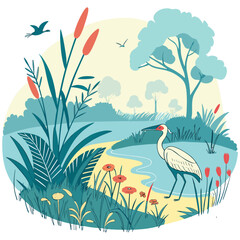 Naklejka premium Vector illustrations of birds and nature scenes, including a tropical island, floral elements, and a bird in the park