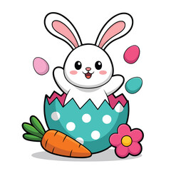 Obraz premium Cute easter bunny emerging from a decorated egg with carrot and flower