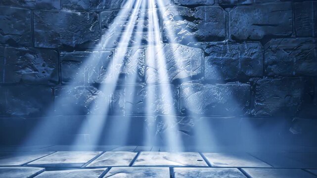 Ray of Light in the Ancient Chamber: Dramatic, awe-inspiring scene where a singular ray of light pierces through a darkened, aged stone chamber, casting an ethereal glow