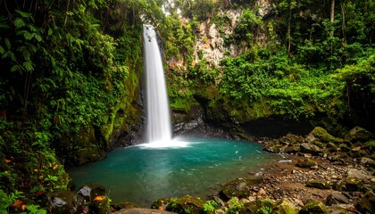 Lush waterfall cascading into a vibrant turquoise pool, surrounded by dense tropical greenery