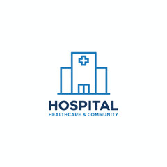 Vector logo of a hospital building outline, minimal style, blue color, flat vector, white background.