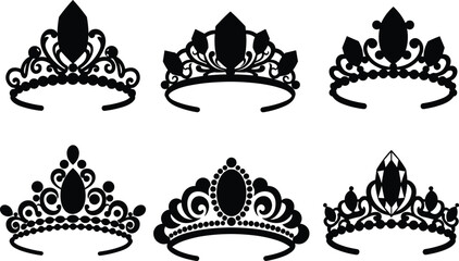 Elegant ornate tiara silhouette, luxury crown vector, royal jewelry design, decorative princess headpiece, black fashion accessory illustration, wedding queen symbol © KRISNARANI