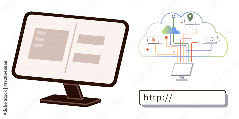 Wall mural desktop monitor with interface layout, cloud network with device connections, and web address bar. i