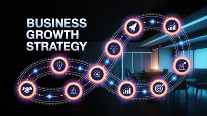 Fototapeta premium Business Growth Strategy: A dynamic visual representation of a business growth strategy, showcasing key stages and symbols of success with an office setting.