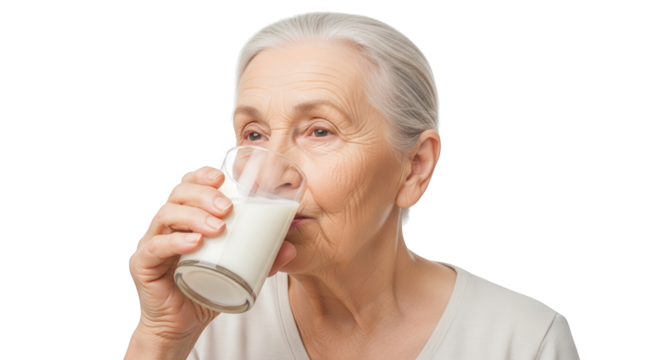 Elderly woman drinking a glass of milk isolated on transparent background