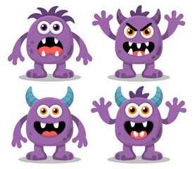 A collection of four cute purple cartoon monsters showing various emotions like happiness, anger, and surprise on a white background.