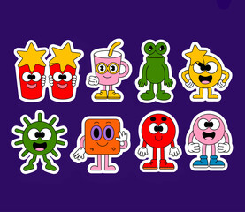 A collection of eight cartoon characters with a retro, groovy aesthetic, set against a dark purple background.